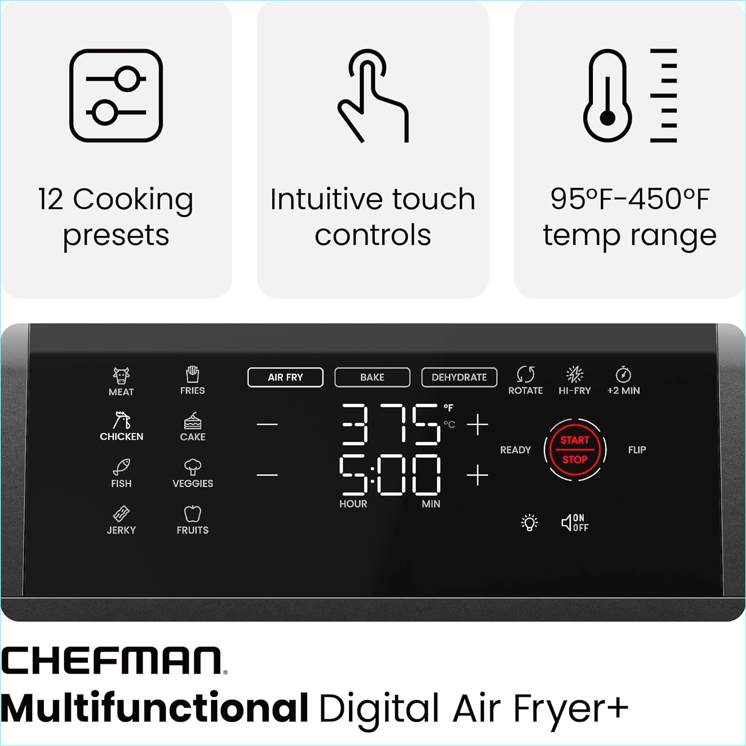 Chefman - Freidora digital multifuncional + asador, deshidratador, horno de convección, 17 preselecciones en pantalla táctil para freír, asar, deshidratar y hornear accesorios incluidos, L 10L, negro