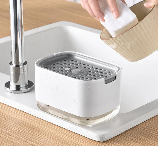 Hot Custom Logo Press Pump Kitchen Bathroom Clean Sponge Brush Holder Liquid Foam Soap Box Dish Push Hand Soap Dispenser