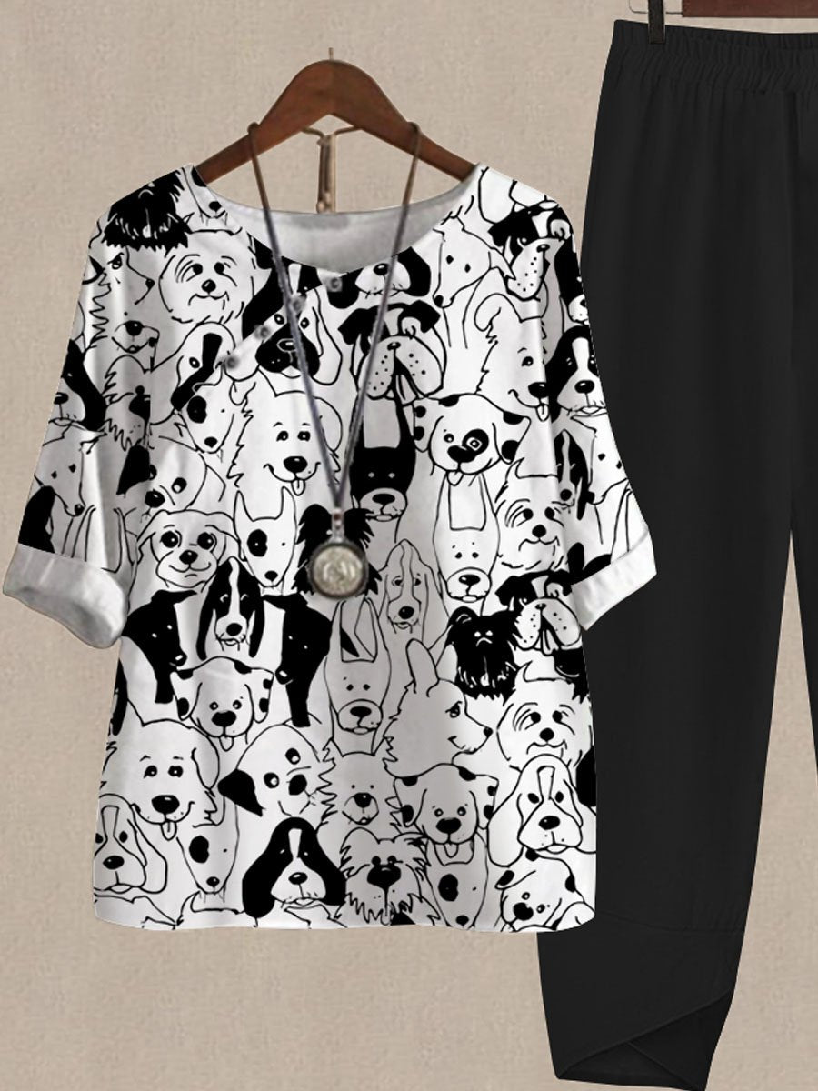Cartoon Cute Puppy Print Casual Two-piece Suits