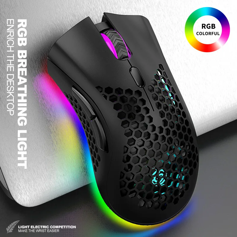 Hollow Frame Wireless Mouse For Gaming 2.4Ghz RGB Mouse DPI 1600&Bluetooth Modes Lithium Battery Light Weight