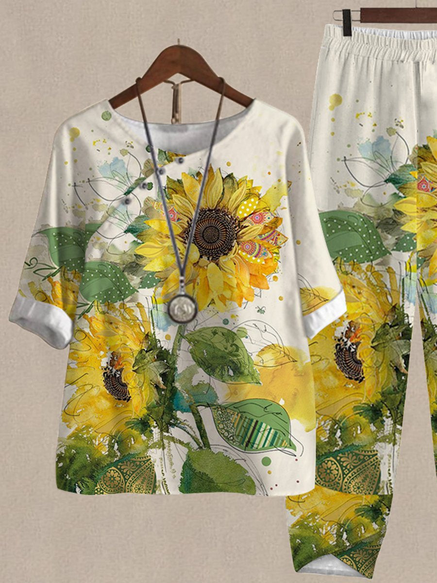 Vintage Sunflower Print Loose Fit Casual Two Piece Suits