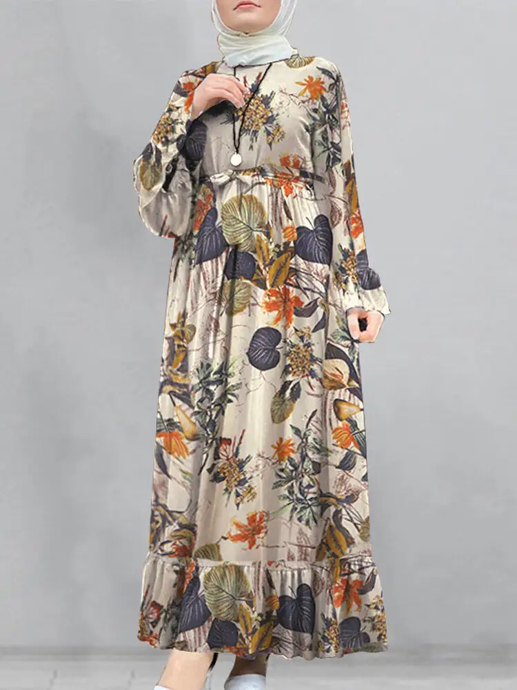 Vestido largo de mujer con estampado floral de algodón y manga acampanada tipo caftán con túnica suelta