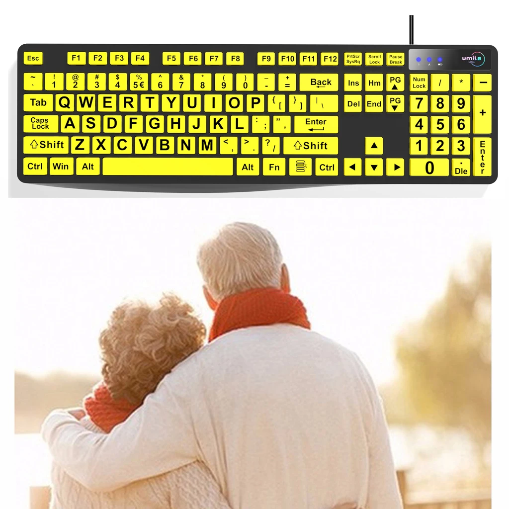 Wired High Contrast Yellow Keys Black Letter Pro Large Print Elderly USB PC Keyboard Computer For Old People