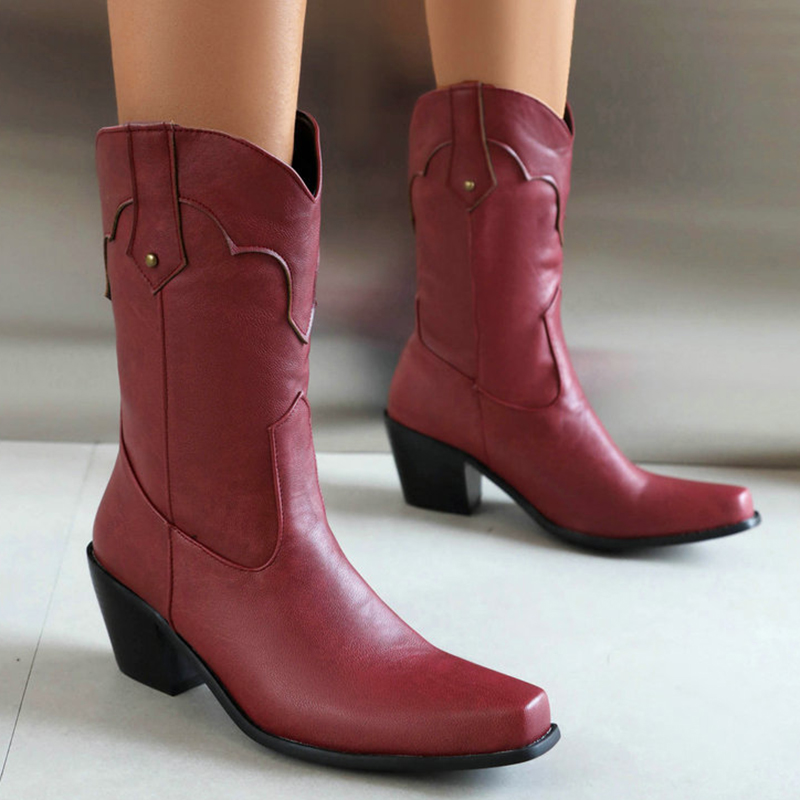Retro Stitching V Groove Chunky Heels Western Boots