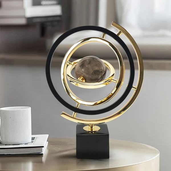 Modern Abstract Metal Black & Gold Globe Ornament Sculpture Decor with Rectangle Stand