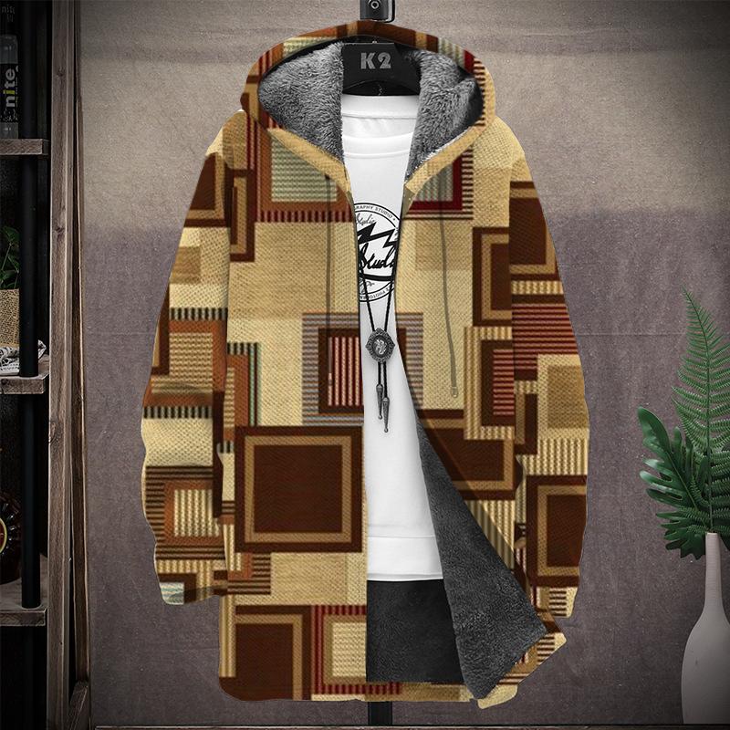 Men's Printed Hooded Two-Pocket Plush Thickened Long-Sleeved Cardigan Jacket 11090895L