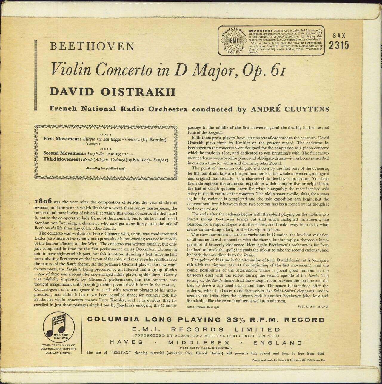 Ludwig Van Beethoven Beethoven: Violin Concerto UK Vinyl LP