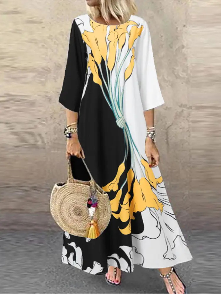 Vestido largo de mujer informal con manga 3/4 y cuello redondo con estampado floral en contraste de color