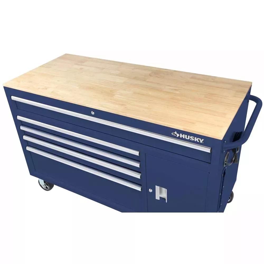 56 IN. W 5-DRAWER 1-DOOR, DEEP TOOL CHEST MOBILE WORKBENCH IN GLOSS BLUE WITH HARDWOOD TOP