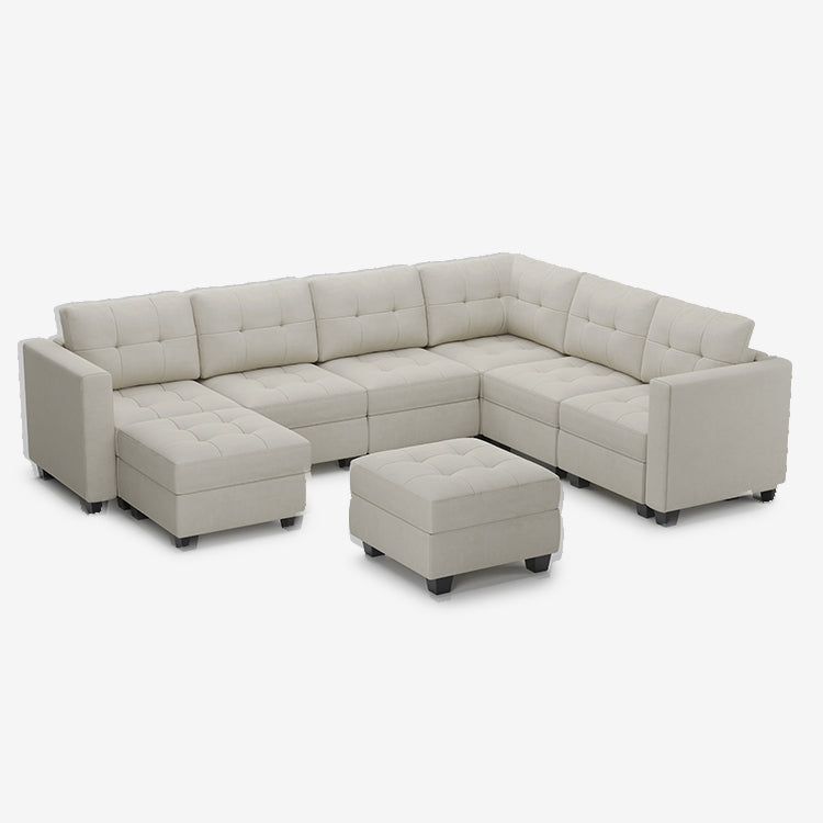 7 Seats + 9 Sides Modular Velvet Tufted Sofa with Storage Seat and Ottoman