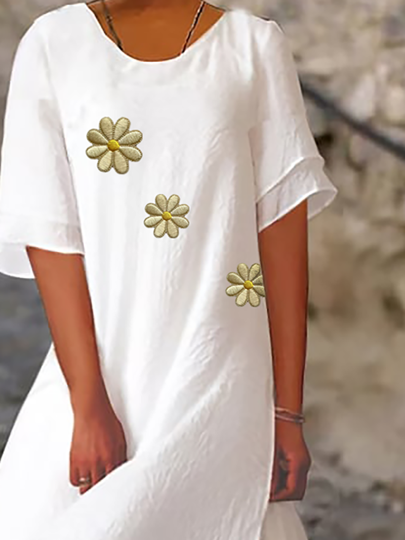 New cotton and linen chic embroidered daisy layered dress