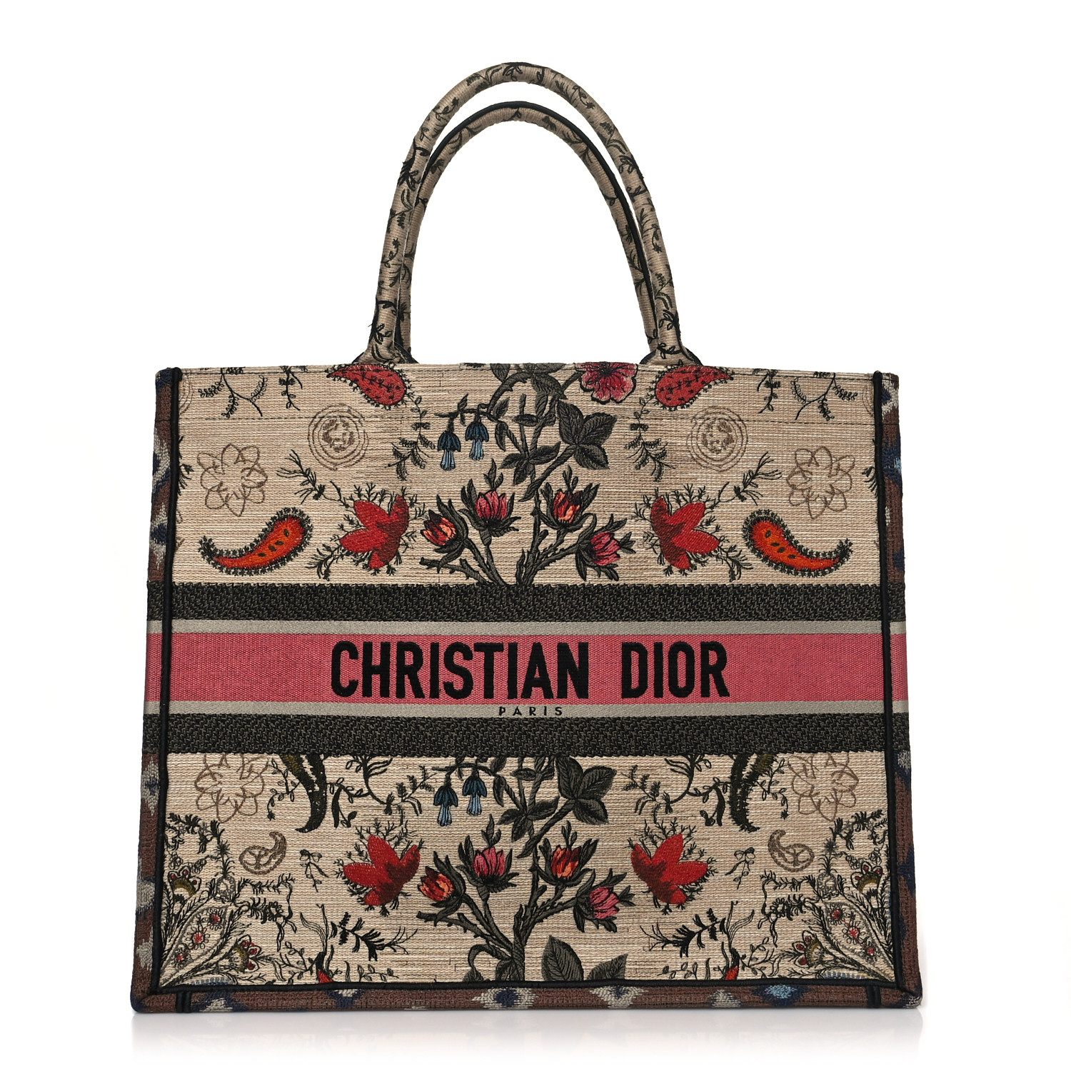CHRISTIAN DIOR Canvas Embroidered Large Broderie Dior Flowers Book Tote Multicolor