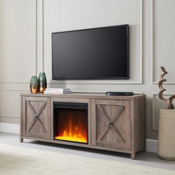 Granger 58 in. Gray Oak TV Stand with Crystal Fireplace Insert.