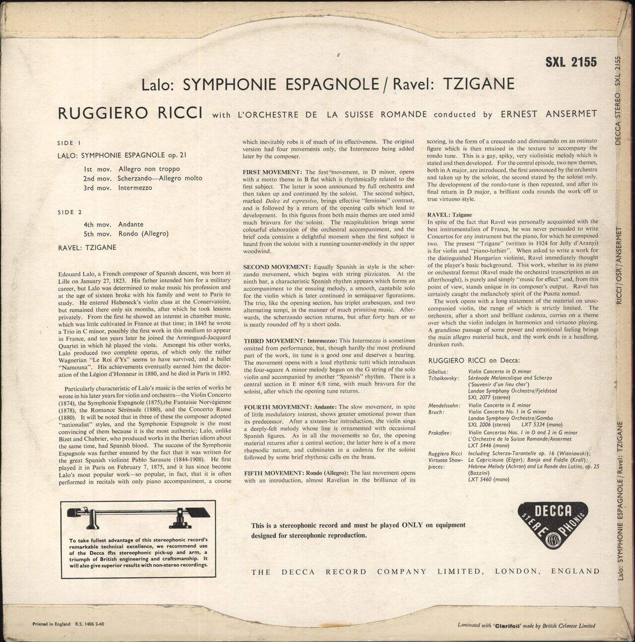 Ruggiero Ricci Lalo: Symphonie Espagnole / Ravel: Tzigane - ED1 UK Vinyl LP