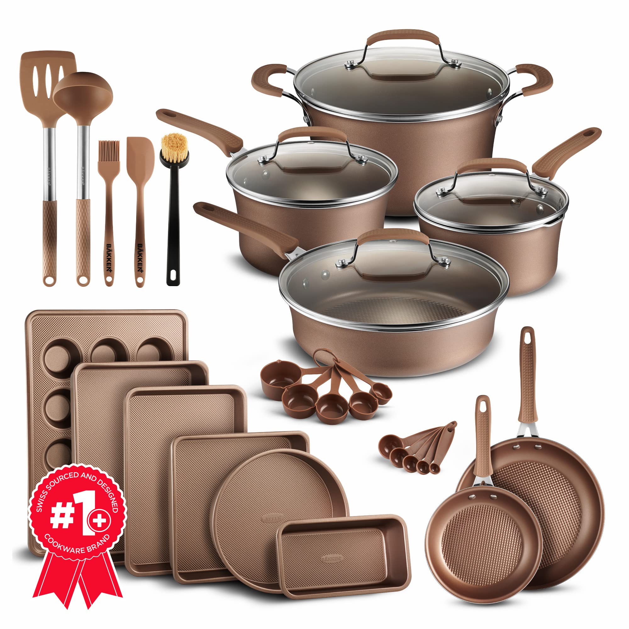 Colección de cobre forjado de acero: juego de 20 ollas y sartenes de cerámica antiadherentes de primera calidad + utensilios de cocina