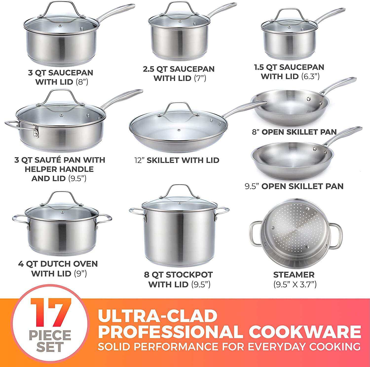 Pots and Pans Set 17-Piece. Ultra-Clad Pro Stainless Steel Cookware Set. Ergonomic and EverCool Stainless Steel Handle. Includes Saucepans. Skillets. Dutch Oven. Stockpot. Steamer and More