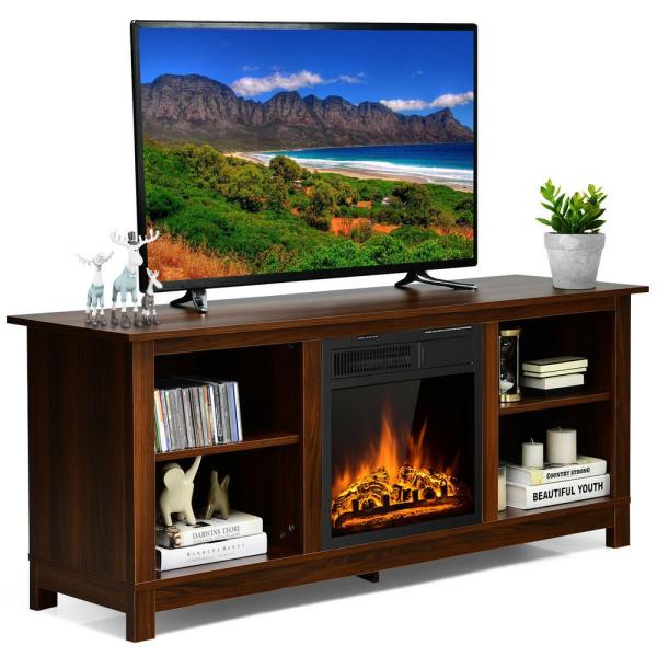 58 in. Fireplace TV Stand with 18 in. 1500-Watt Electric Fireplace 65 in. Walnut (2-Tier).