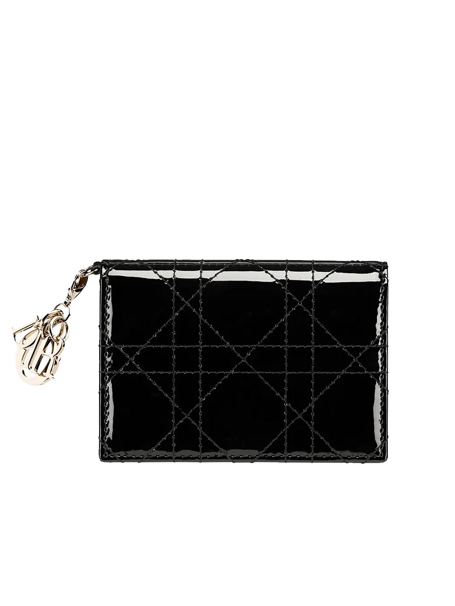 Dior Lady Dior Flap Card Holder in Black Patent Cannage Lambskin