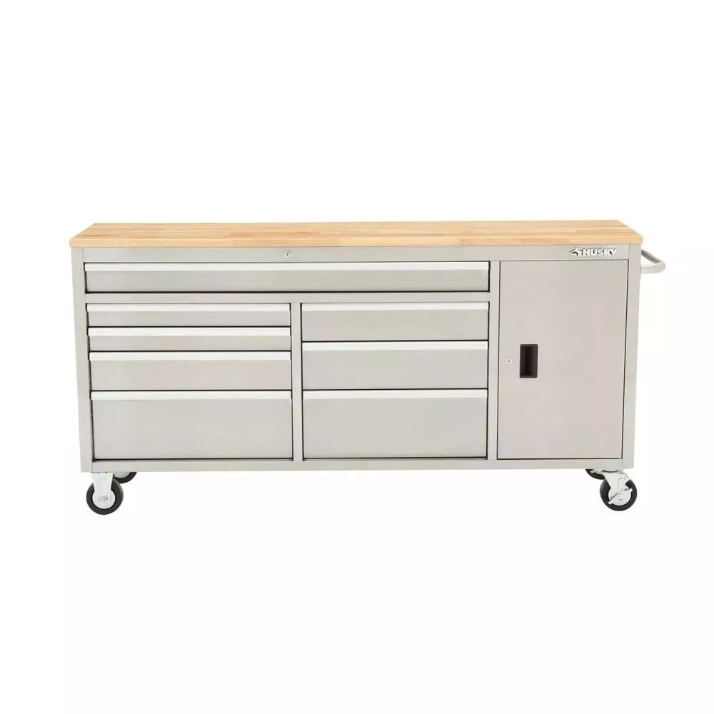 72 IN. 8-DRAWER AND 1-DOOR MOBILE WORKBENCH IN STAINLESS STEEL