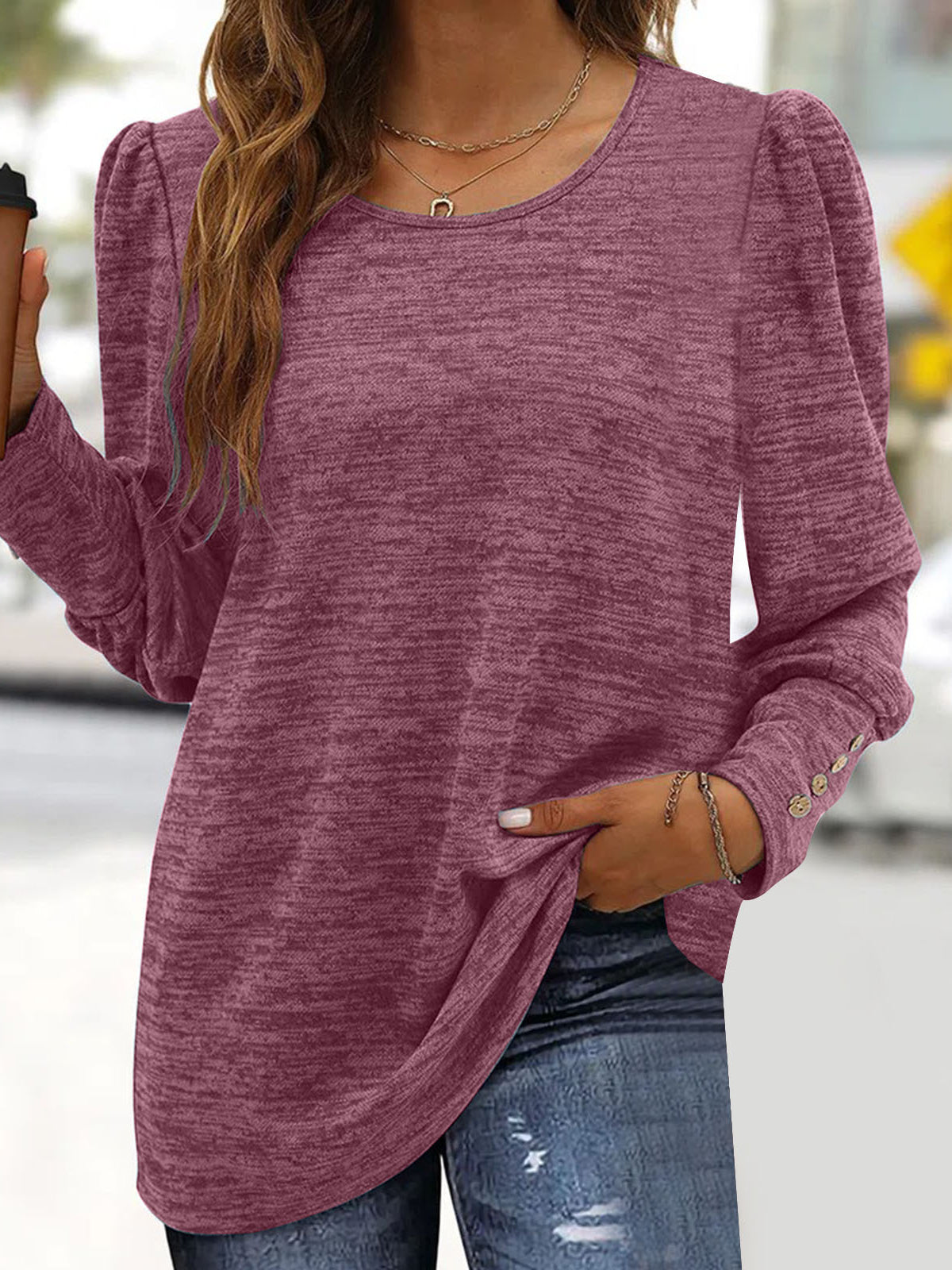 Loose Casual Button Crew Neck Long Sleeve T-Shirt