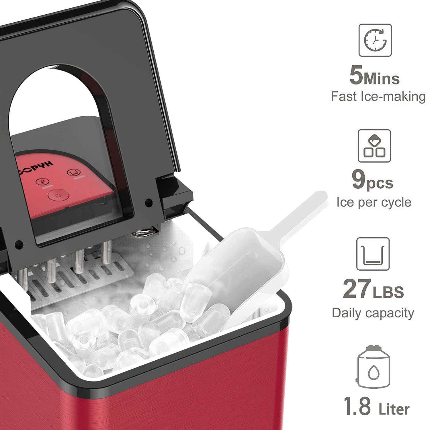 Encimera para hacer hielo. máquina portátil para hacer hielo de 27 libras en 24 horas. 9 cubitos de hielo listos en 5-7 minutos. máquina para hacer hielo con función de autolimpieza con cuchara de hielo y cesta