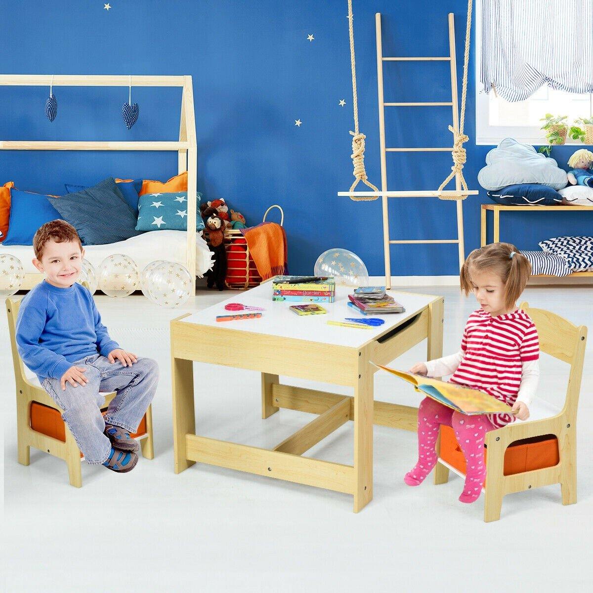 Conjunto de mesa de madeira e 2 cadeiras para crianças 3 em 1, conjuntos de mesa de atividades para crianças