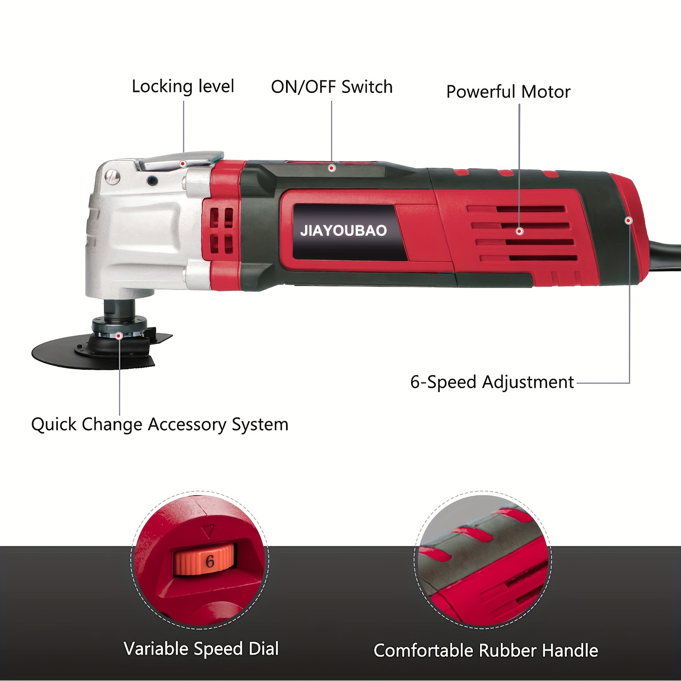 JIAYOUBAO 1 Set Power Oscillating Tool, 4 Amp Oscillating Multi Tool With 4.5° Oscillation Angle, 6 Variable Speeds And 8pcs Saw Accessories