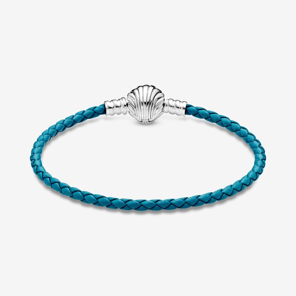 Seashell Clasp Turquoise Braided Leather Pandora Bracelet