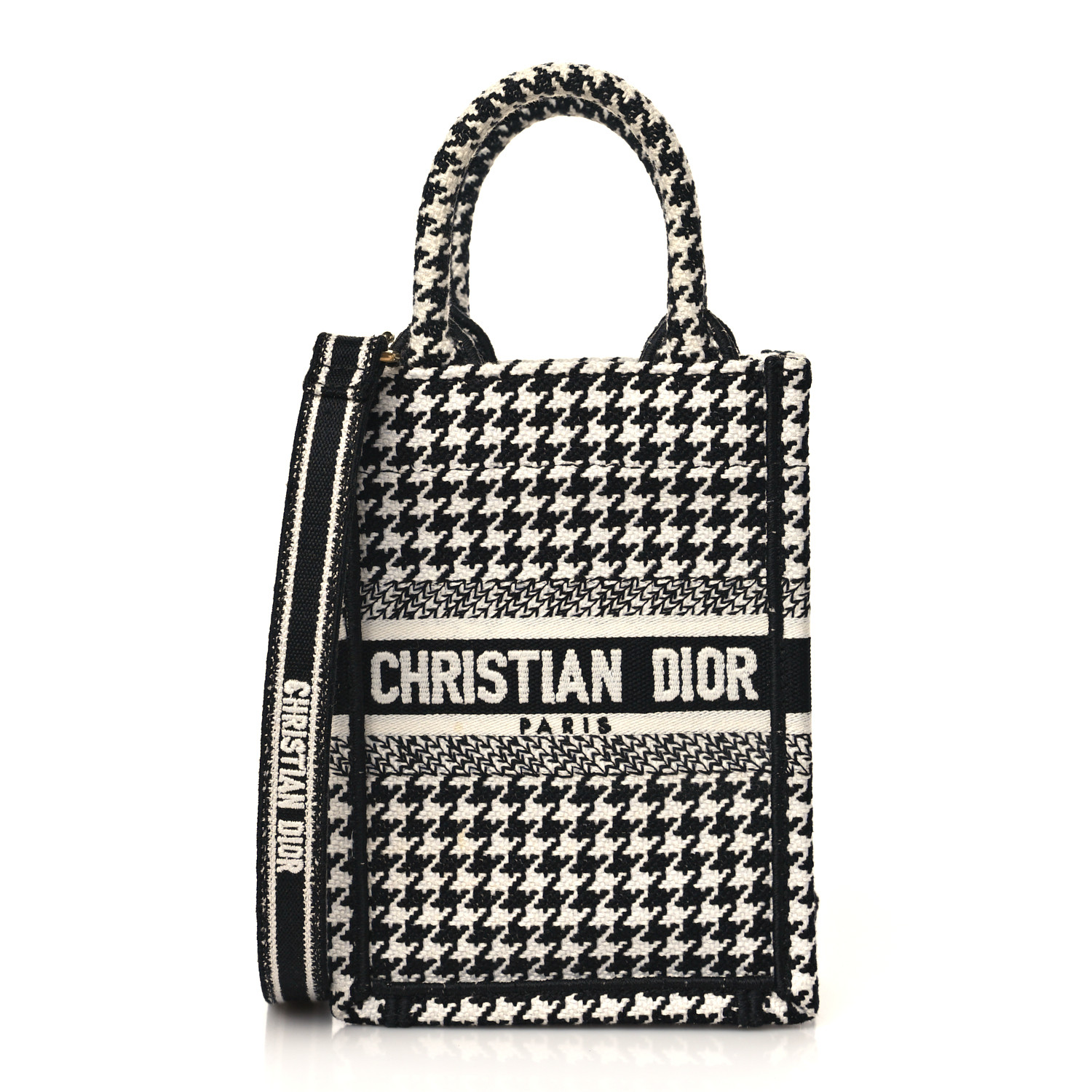 CHRISTIAN DIOR Canvas Houndstooth Embroidered Mini Book Tote Phone Bag Black White