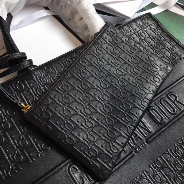 Dior Book Tote Bag In Black Oblique Embossed Calfskin