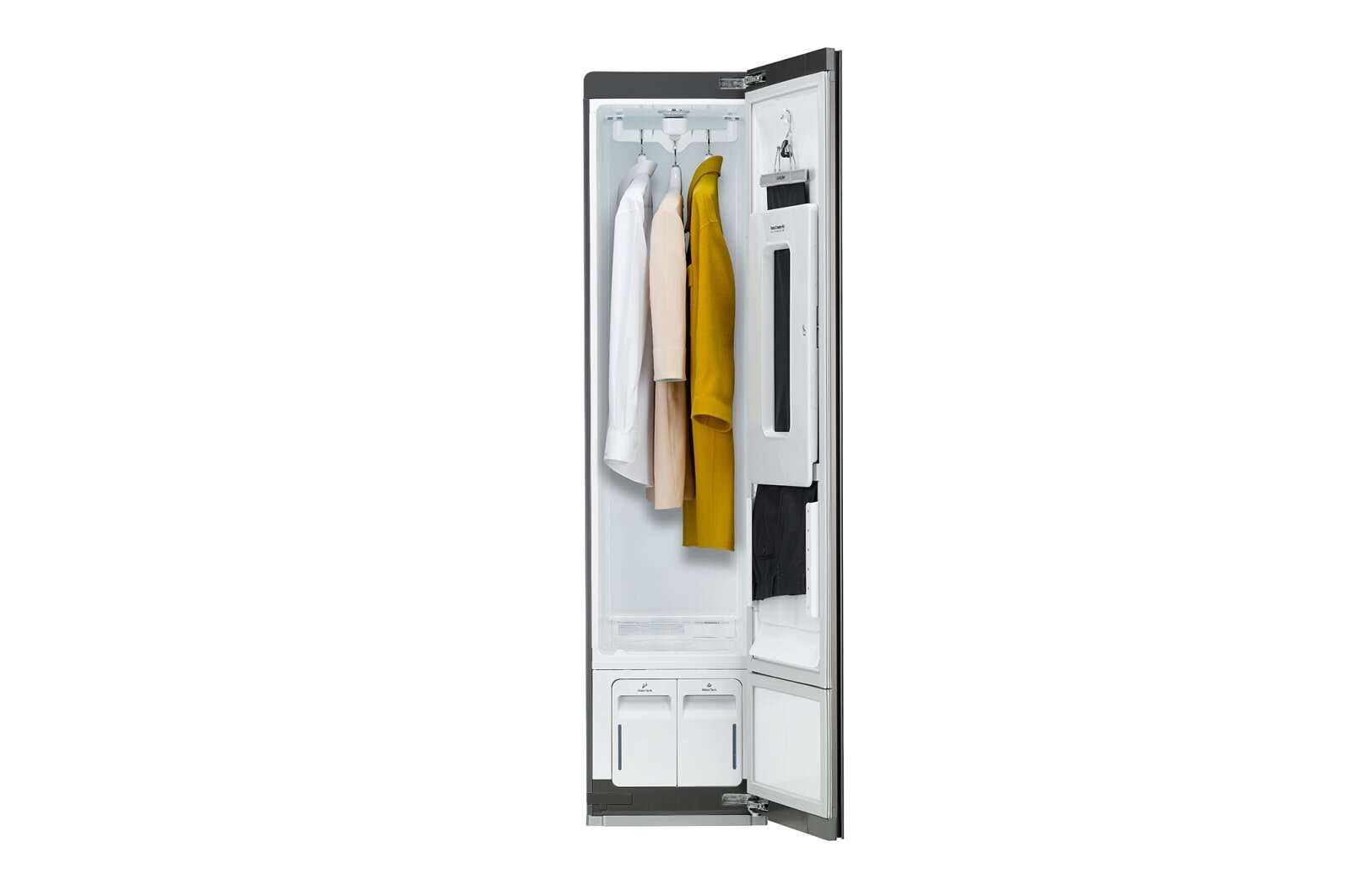 LG Styler, sistema de vapor Inteligente con TrueSteam™ ciclos: Refrescar, Sanitizar, Secado Suave, cuidado de pantalones con ThinQ™ color silver