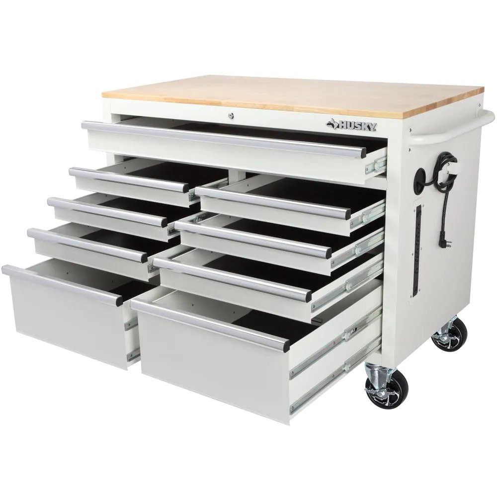 46 in. W x 24.5 in. D 9-Drawer Gloss White Deep Tool Chest Mobile Workbench with Hardwood Top