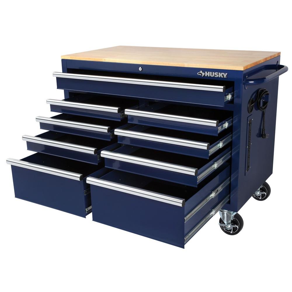 46 in. W x 24.5 in. D 9-Drawer Gloss Blue Deep Tool Chest Mobile Workbench with Hardwood Top