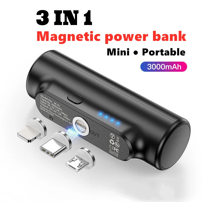 Mini Capsule Power Bank 3000mAh Battery Charger Portable Wireless Magetic Power Bank for Mobile Phone