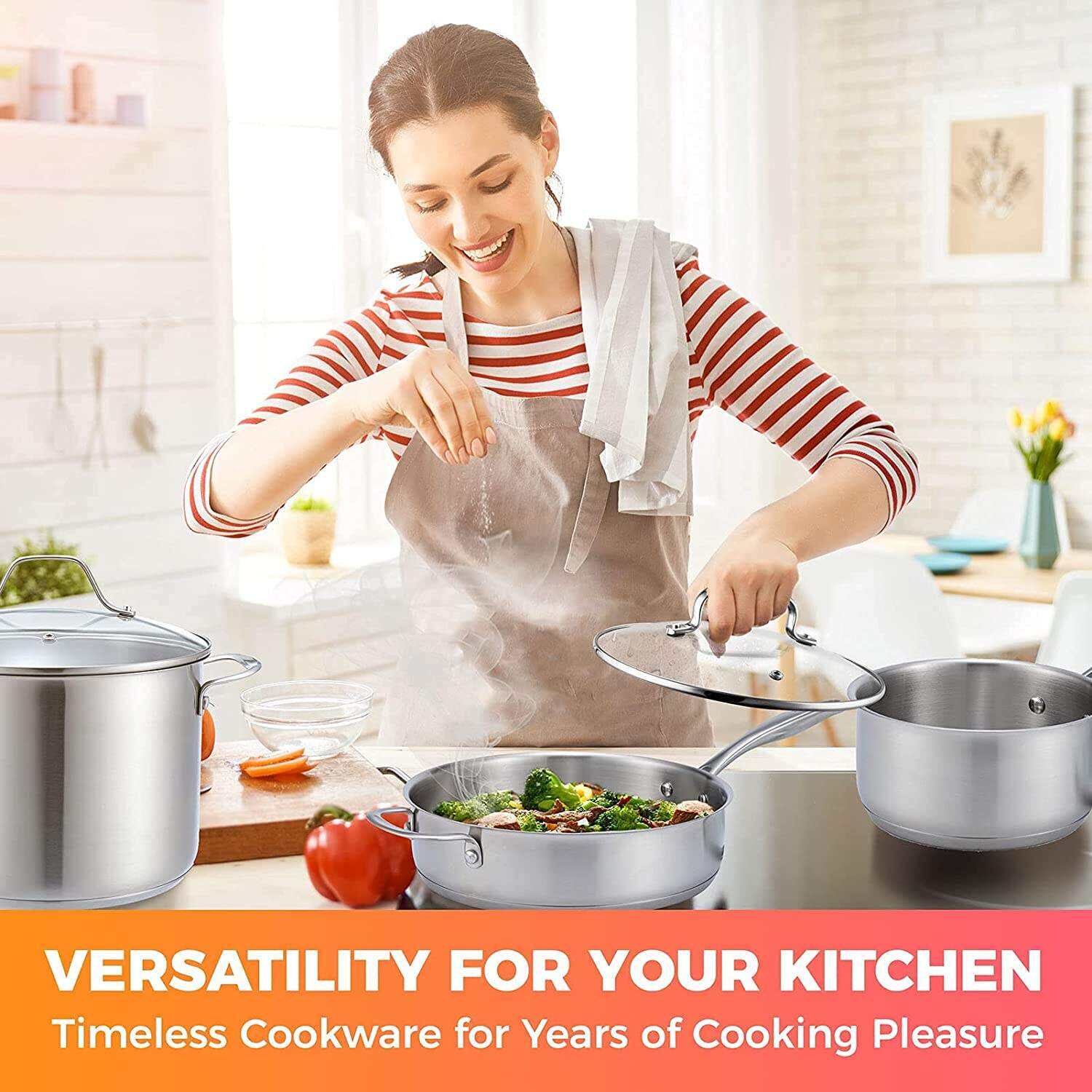 Pots and Pans Set 17-Piece. Ultra-Clad Pro Stainless Steel Cookware Set. Ergonomic and EverCool Stainless Steel Handle. Includes Saucepans. Skillets. Dutch Oven. Stockpot. Steamer and More