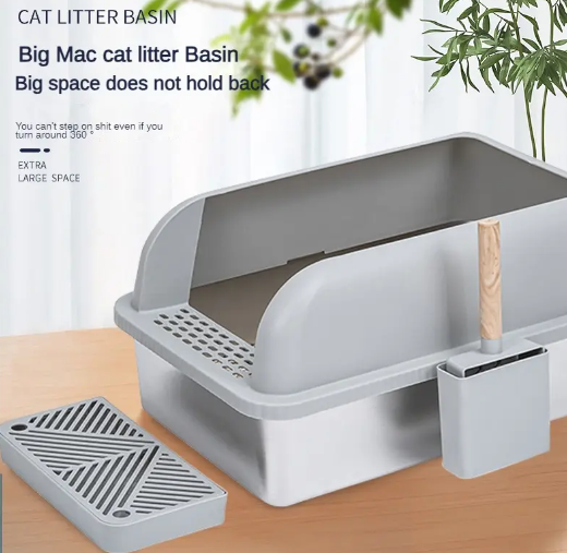 Large Capacity stainless steel Cat Litter Box Semi-closed Sand Box Pet Toilet Anti Splash Cat Tray Cleaning Bath Basin Supplies