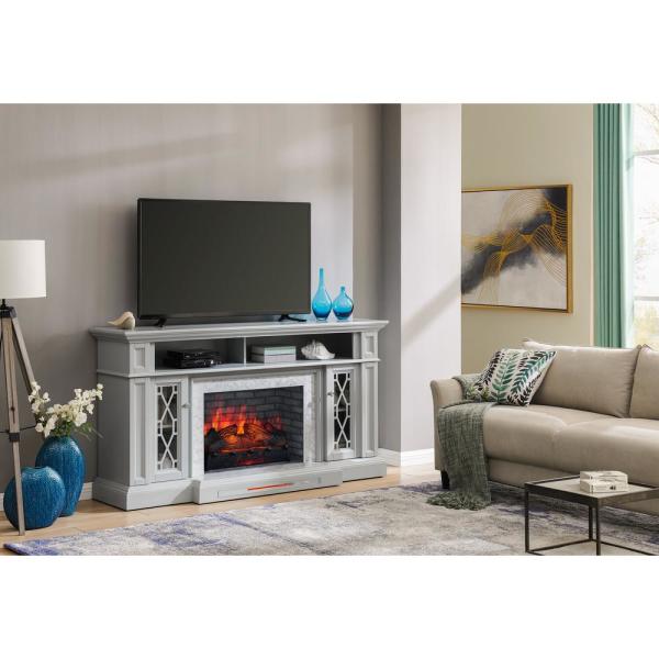 Parkbridge 68 in. Freestanding Electric Fireplace TV Stand in Light Gray with KD Insert.