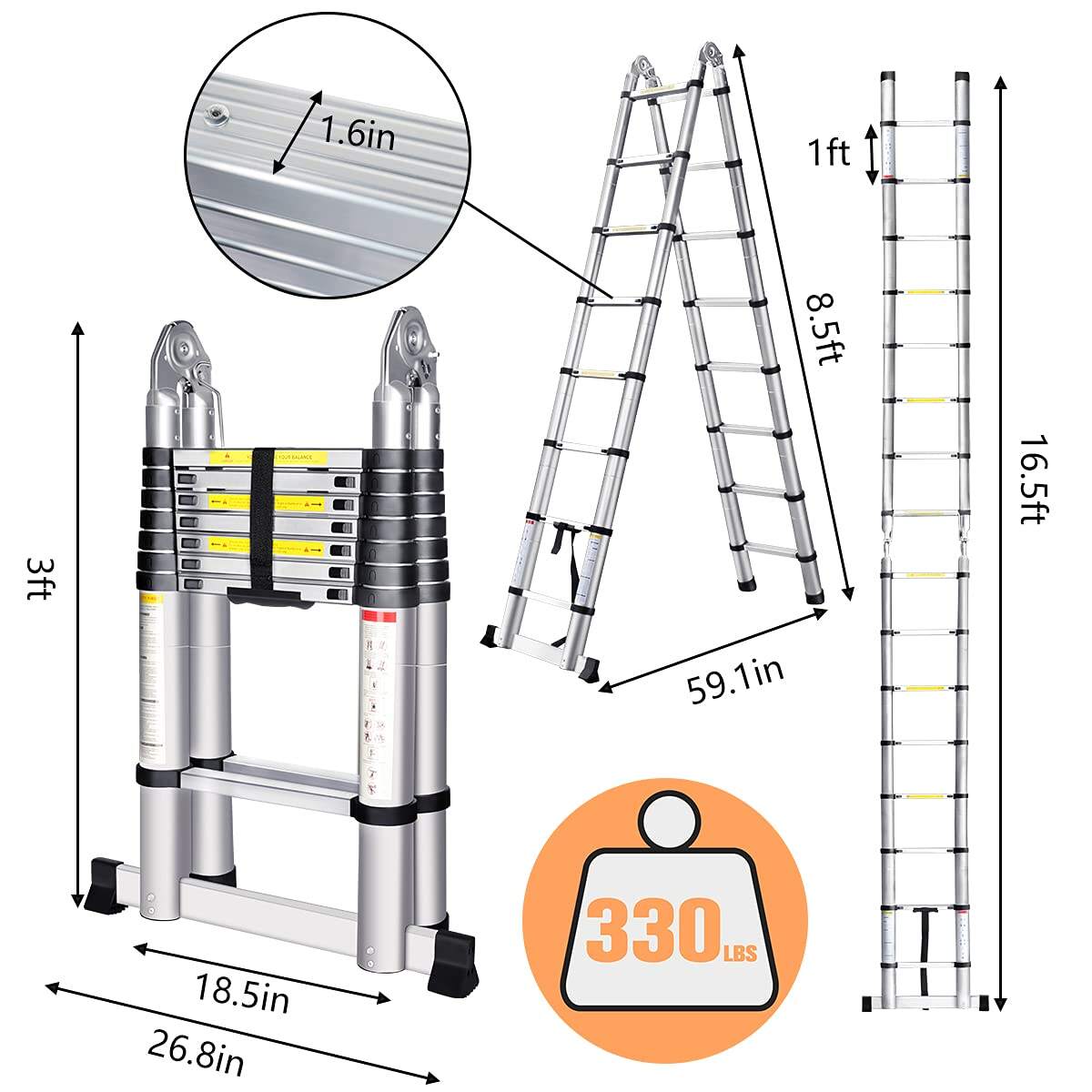 Escada telescópica dobrável multifuncional portátil de liga de alumínio