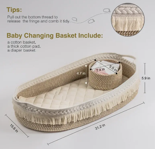 100% Cotton Baby Changing Basket Moses Basket with 2 Waterproof Changing Pads Liners- CPSC Safety Compliant