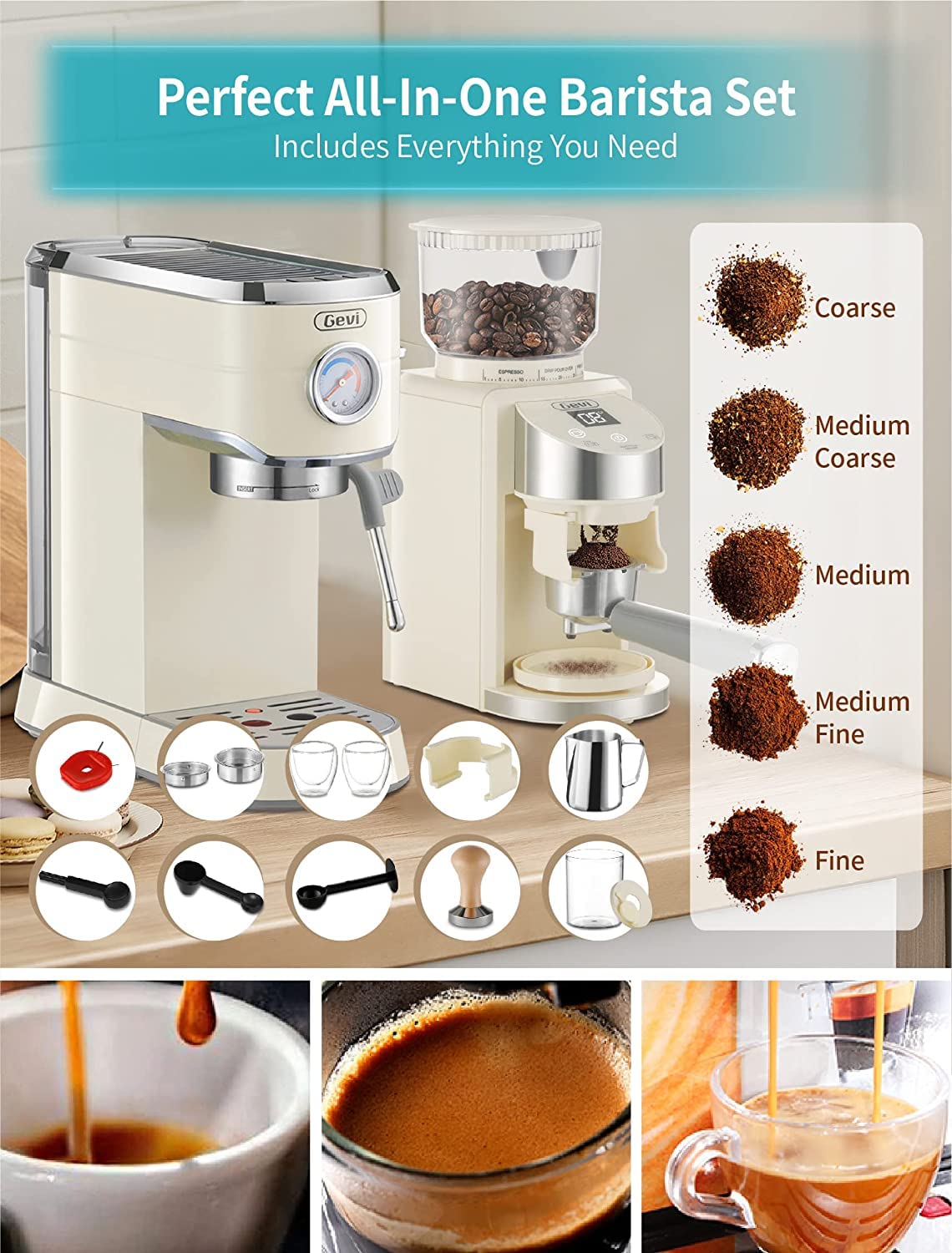 Gevi Máquina de café espresso profesional de 20 bares con 35 ajustes de molienda de precisión, combinación para máquinas de café y espresso comerciales
