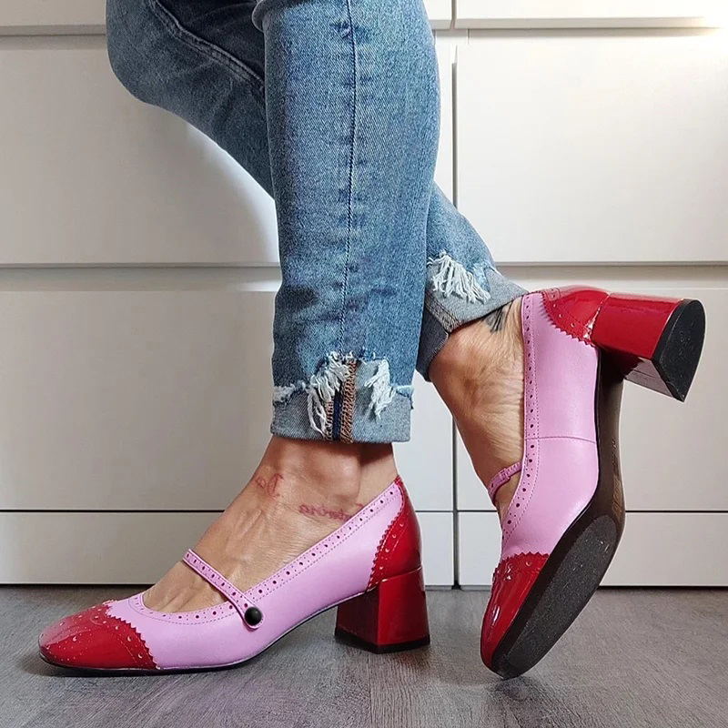 Colorblock Hollow Out Design Instep Strap Square Toe Pink Chunky Heels