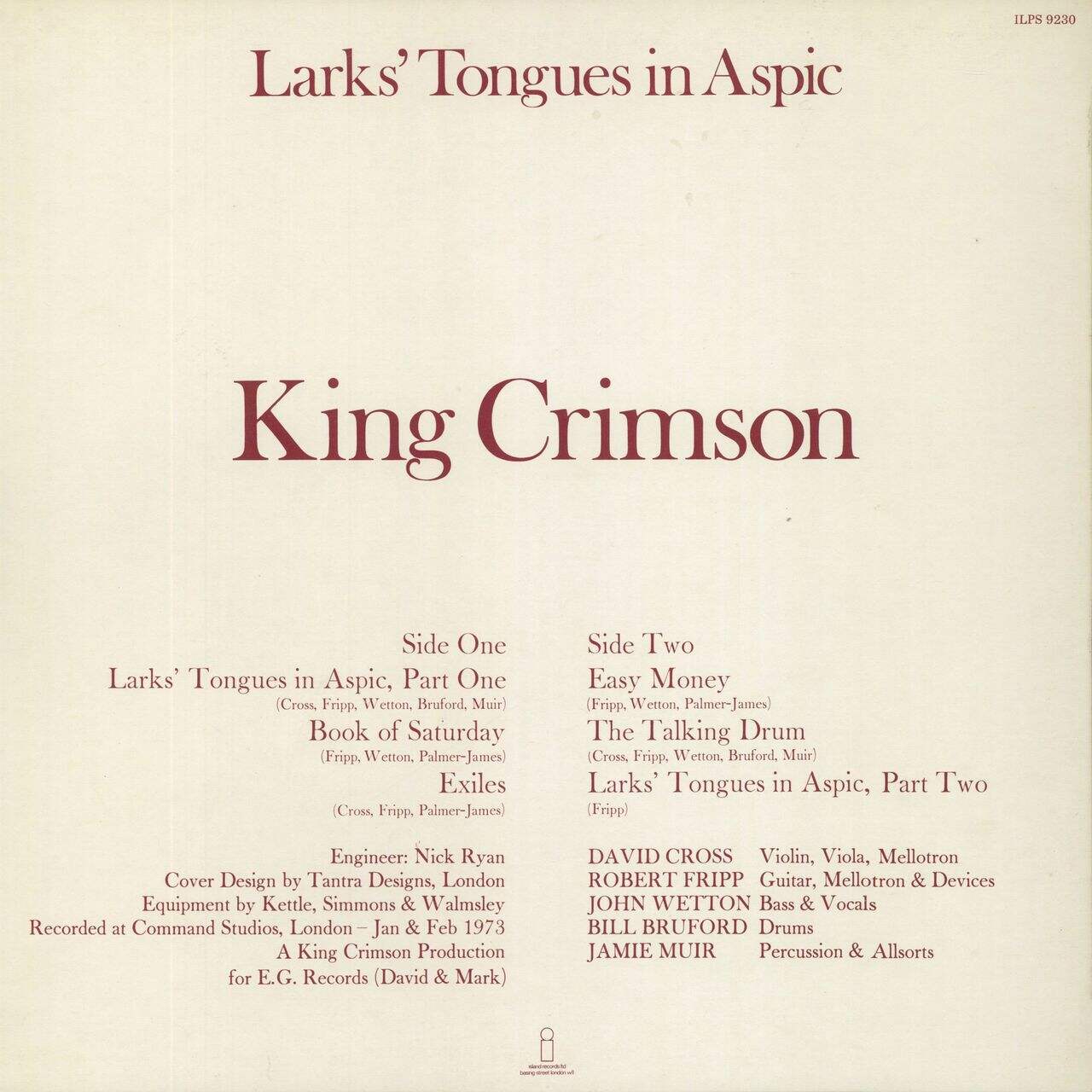 King Crimson Larks' Tongues In Aspic UK Vinyl LP