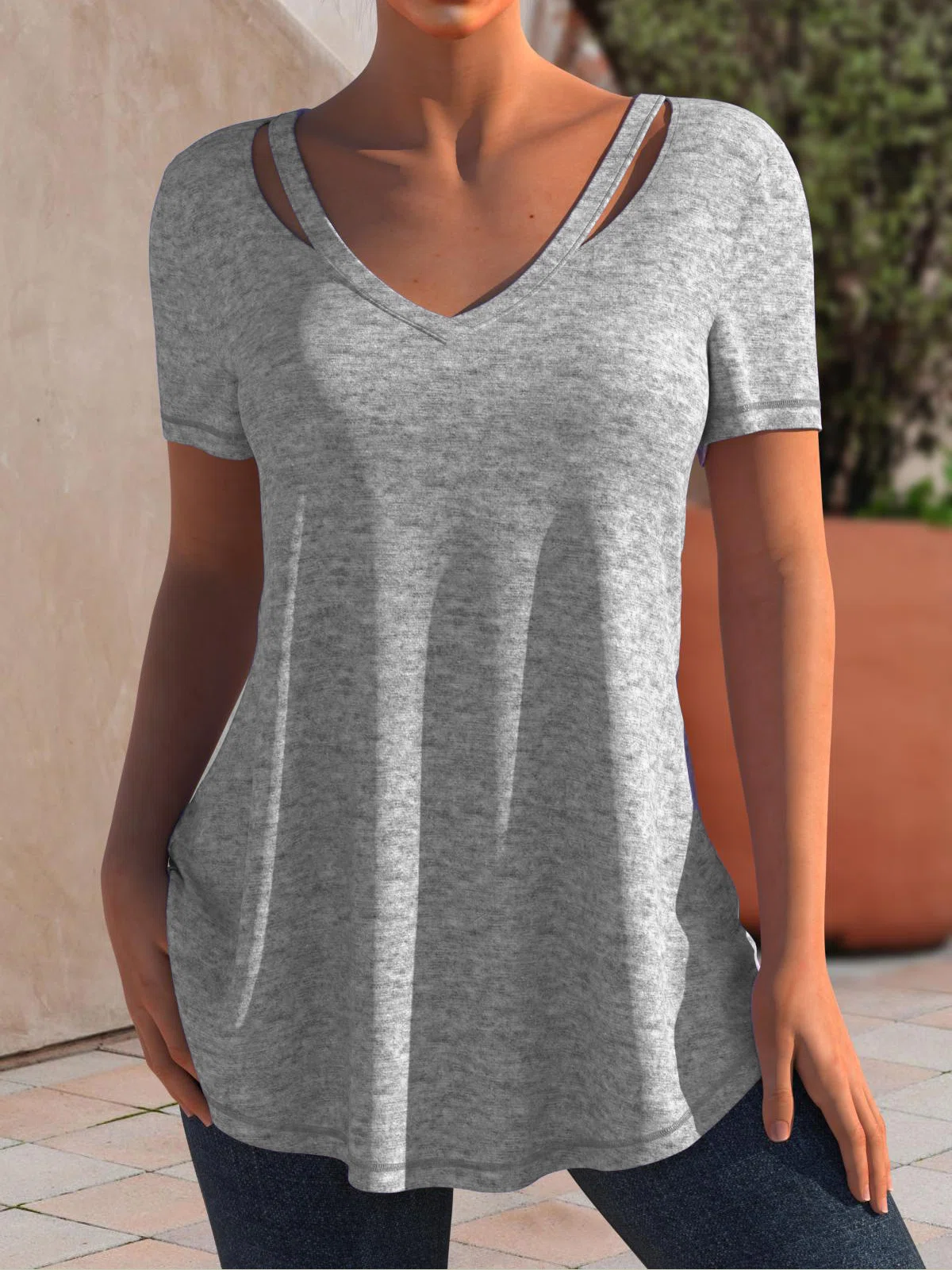 V Neck Cut-out Basic Plain Casual Short Sleeve T-Shirt/Tee