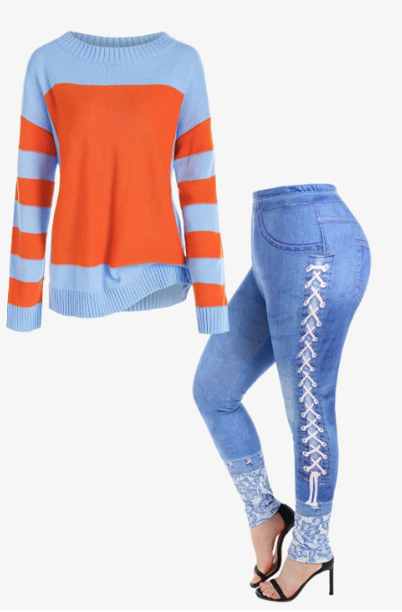 Bicolor Two Tone Drop Shoulder Sweater and 3D Denim Print Skinny Jeggings Plus Size Outfit