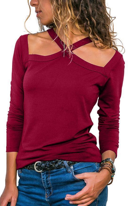 Halter Solid Casual Long Sleeve T-Shirt