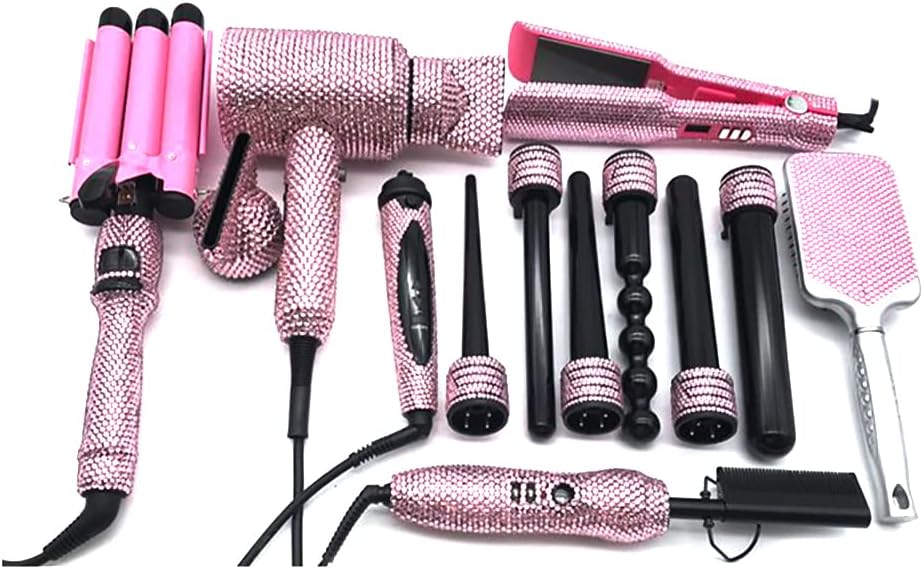 Diamond Hair Curler Ceramic Curling Iron Styling Tools Set Bling Hair Straightener Hot Comb Set (Clear AB)