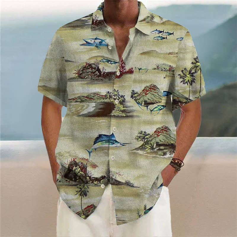 camisa de manga corta con estampado de isla de peces festivos