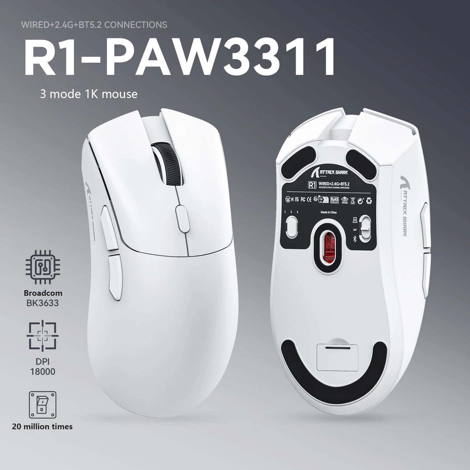 Attack Shark R1 Wholesale Mouse PAW3395 Sensor Ergonomic Computer Mouse Gamer RGB 2.4g+BT Wireless Rechargeable Gaming Mouse