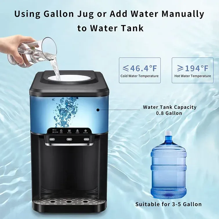 Dispensador de enfriador de agua 3 en 1 para mostrador con máquina de hielo