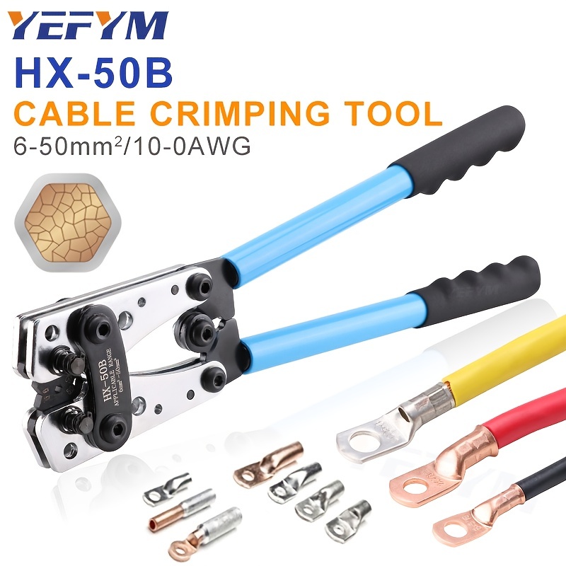 1 Set Battery Cable Copper Lug Crimping Tool, HX-50B 10-1 AWG With 60Pcs Copper Ring Terminals, 8 Sizes Cable Lugs Set